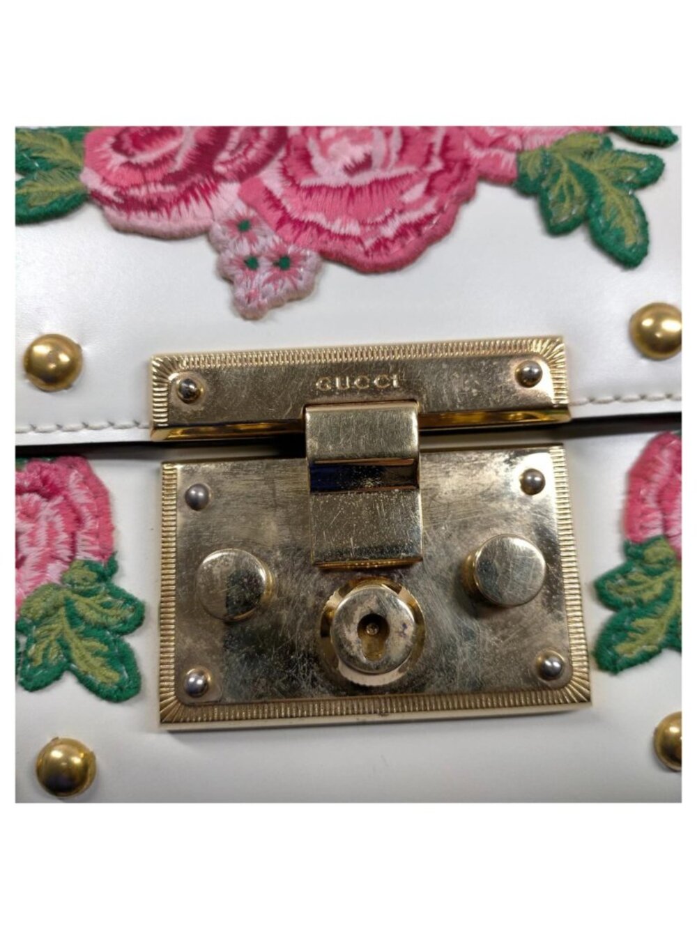 Authentic Gucci Padlock Embroidered Floral Studded White Leather Chain Crossbody - Picture 10 of 16